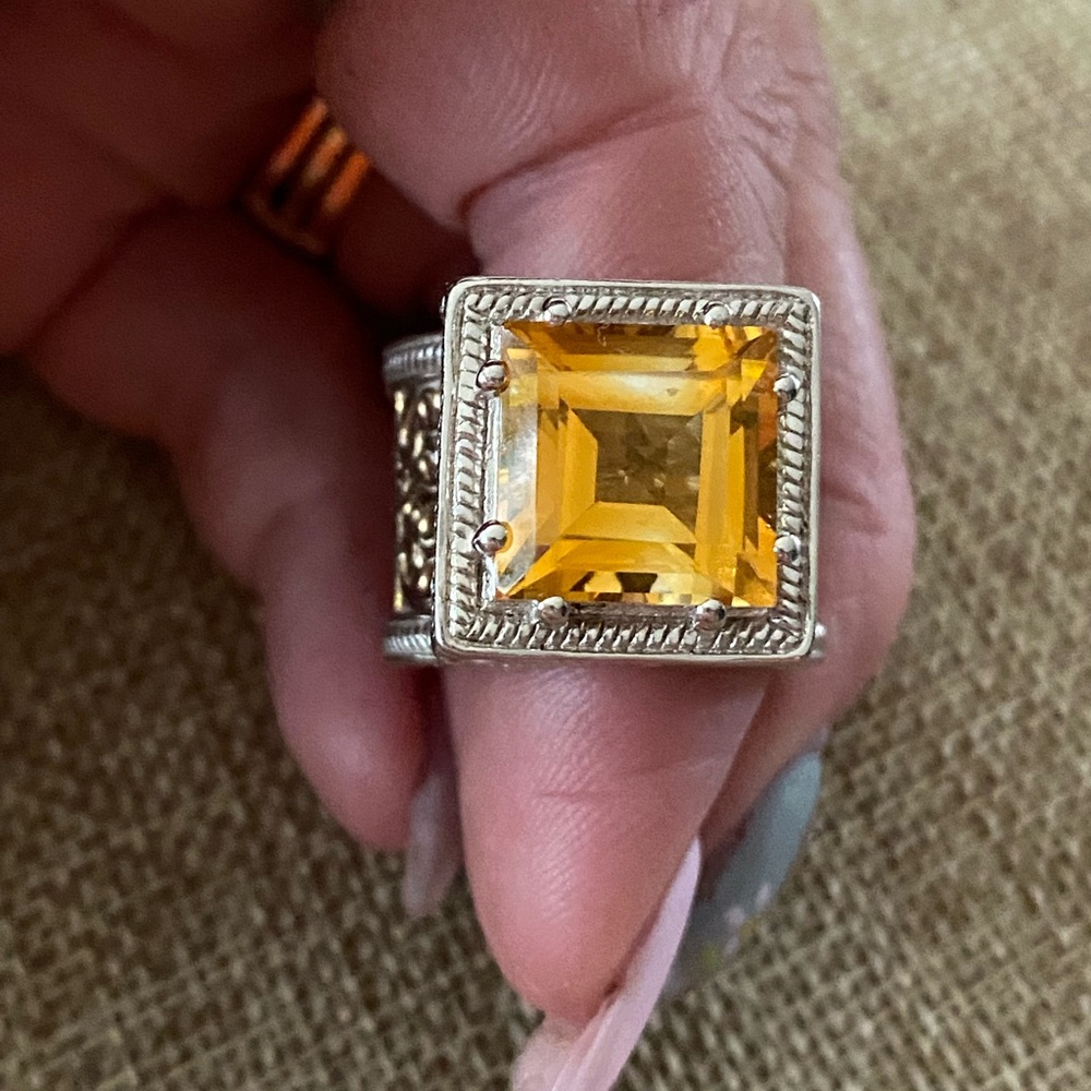 Gorgeous TJC 925 RJ Large Citrine Stone Sterling Gold Vermiel Ring - SZ 8